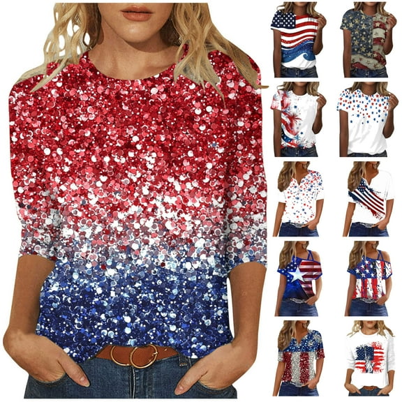 4th of July T Shirts for Womens Summer Tops 2025 Trendy Going Out Tshirts 3/4 Length Sleeve Blouses Dressy Casual Floral Printed Crewneck Pullovers Elegantes Para Mujer Para Fiestas