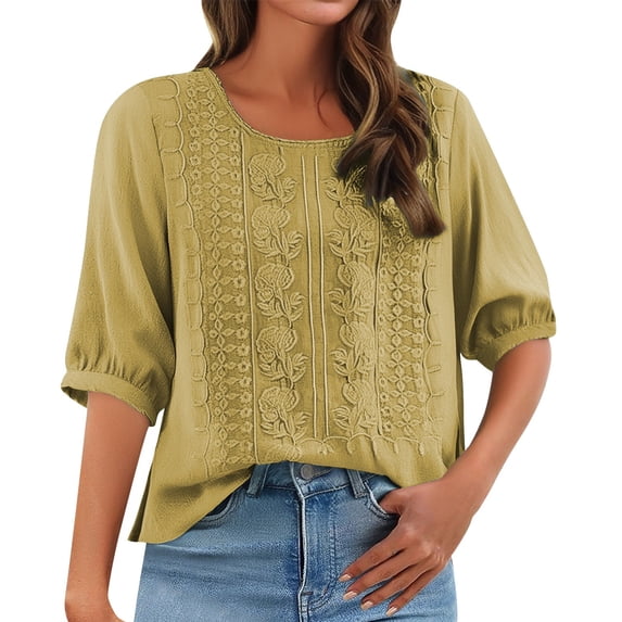Summer Tops Women 3/4 Sleeve Embroidered Cotton Linen Crewneck Solid Color Shirts Loose Soft Casual Breathable Blouse
