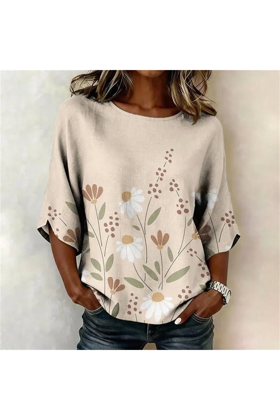 Summer Tops for Women 3/4 Sleeve Round Neck Cotton Linen Shirts Casual Soft Loose Fit Retro Floral Print Lightweight Breathable 2026 Boho Tunic Blouses Flowy Spring Daily Wear, Light Yellow 3XL