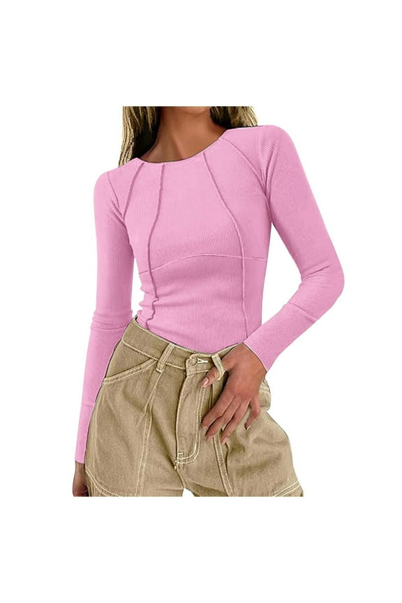 Summer Tops for Women Autumn Long Sleeved Ribbed Knit Casual Round Neck Slim Fit Seam Basic T Shirt Top Quarter Sleeve Shirts for Women Long Sleeve Shirts Womens Leopard Shirt Crazy Pink XS
