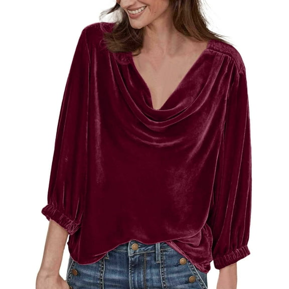 Summer Tops, Women Blouses, Elegant Women Casual Velvet Shirts Cowl Neck 3/4 Sleeve Drape Design Ruched Front Long Sleeve Blouses Tops for Stylish Outfits
