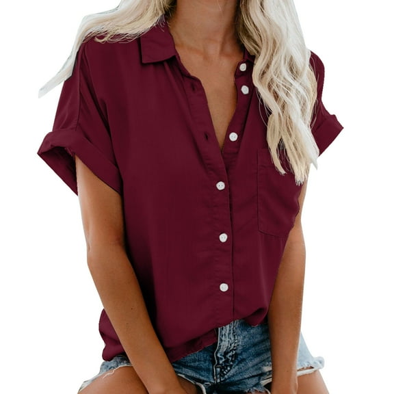 Summer Tops, Women Blouses, Stylish Women's Short Sleeve Casual Button-Up Blouse with Pocket for Everyday Wear and Versatile Outfits