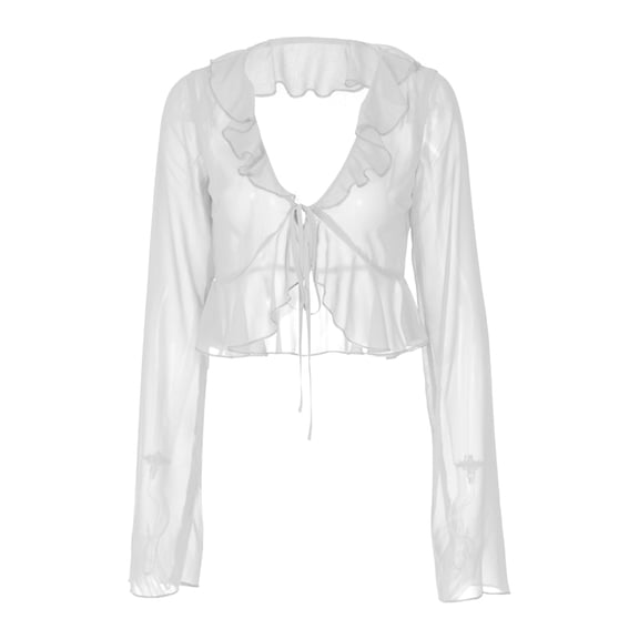Summer Tops, Women Blouses, Women Blouses Lace-Up Deep V Neck Long Sleeve Sheer Top Stylish Summer Shirt for Casual Wear