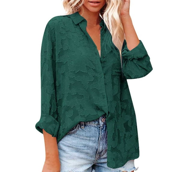 Summer Tops, Women Blouses, Women's Casual Long Sleeve Chiffon Shirt Top - Elegant Button-Up Design for Versatile Fashion and Comfortable Wear