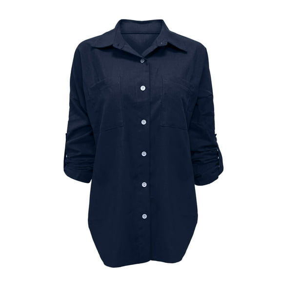 Summer Tops, Women Blouses, Women's Versatile Denim Shirt Loose Fit with Double Pocket Long Sleeve Casual Top for Everyday Wear
