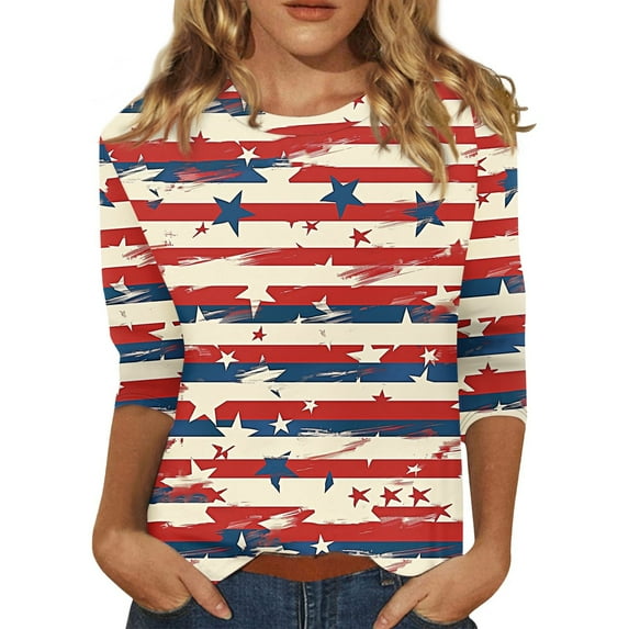 Summer Tops For Women, Casual 3/4 Length Sleeve 4Th Of July Collar Pullover Top Red White And Royal Blue T Shirt Tops Women Valentine Day Shirts Plus Size Tops Tank Tops (M, Watermelon Red) ZMTing