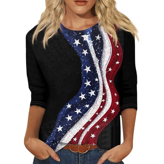 Summer Tops For Women, Casual 3/4 Length Sleeve 4Th Of July Collar Pullover Top Red White And Royal Blue T Shirt Womens Tops Women'S Flannel Shirt Button Tank Tops Shirt (XXL, Black) ZMTing