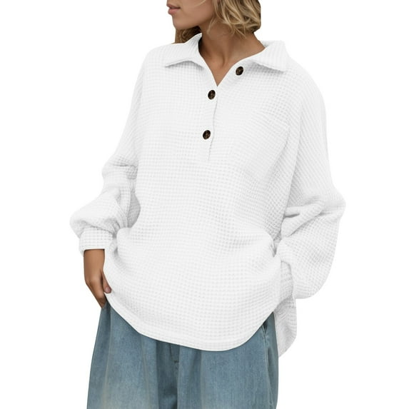 Summer Tops for Women Casual Button Down T Shirt Long Sleeve Comfortable Wear Soft Basic Top With Classic Collar For Autumn Winter Western Womens Shirt Lightweight Pullover Womens White M
