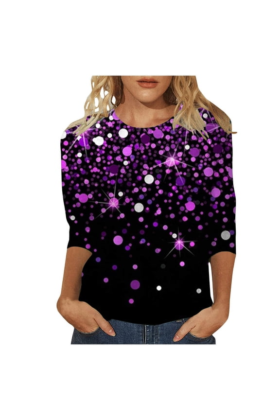 Summer Tops for Women Casual Crew Neck Carnival Sequin Effect 3/ 4 Length Sleeve T Shirts Top Undershirt Skiing Women Athletic T Shirt for Junior Long Sleeve Blouse Ladies Short Purple M