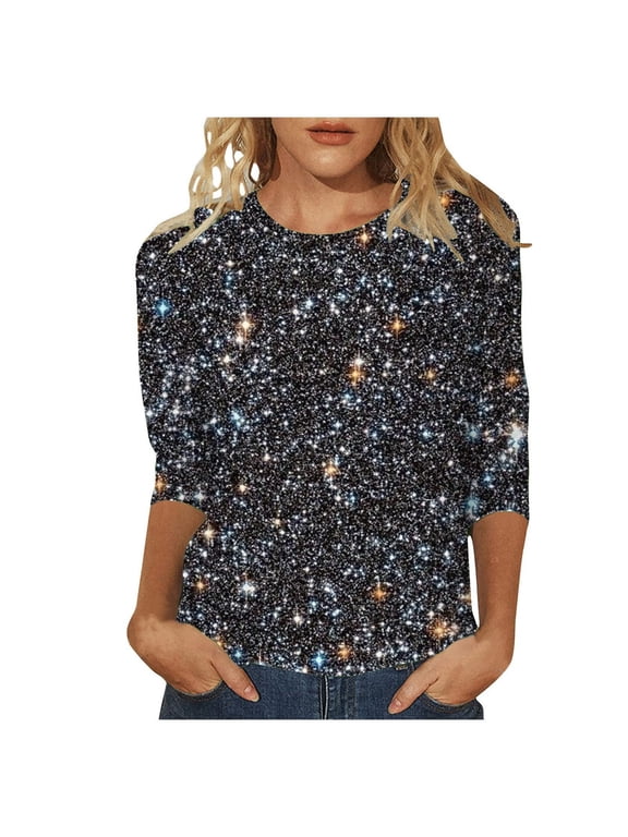Summer Tops for Women Casual Crew Neck Carnival Sequin Printed 3/ 4 Length Sleeve T Shirt Top Girls Coats Size 14 16 Athletic T Shirt for Women Long Sleeve Pocket Petite Womens V Grey L