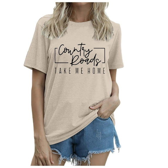 Summer Tops for Women Casual Crew Neck T Shirt With Short Sleeves And Letter Print Stylish Everyday Top Long Sleeved Striped Shirt Extra Long Tunic Tops for Leggings Rave Womens Beige M