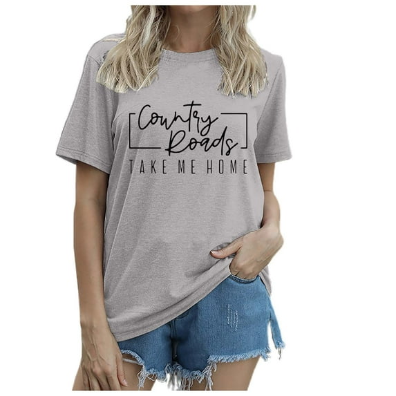 Summer Tops for Women Casual Crew Neck T Shirt With Short Sleeves And Letter Print Stylish Everyday Top Long Sleeved Striped Shirt Extra Long Tunic Tops for Leggings Rave Womens Light Gray L