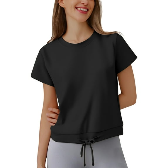 Summer Tops for Women Casual Loose Fit Round Neck Short Sleeve T Shirt With Drawstring Hem For Everyday Wear Yoga And Sports Comfortable Breathable Soft Stretchy Tee Thermal Top Black M