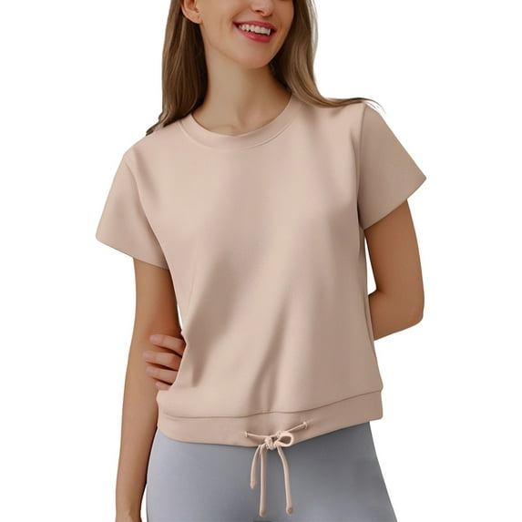 Summer Tops for Women Casual Loose Fit Round Neck Short Sleeve T Shirt With Drawstring Hem For Everyday Wear Yoga And Sports Comfortable Breathable Soft Stretchy Tee Thermal Top Light Pink XL