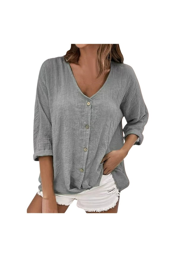 Summer Tops for Women Casual Minimalist And Fashionable Solid Color V Neck Button Cardigan Top With Loose Fitting Pullover On The Middle Sleeve Ladies Long Sleeve Swing Tops Sheer Grey XL
