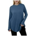 thumbnail image 1 of Summer Tops for Women Casual Solid Color Loose Round Neck Long Sleeve Thumb T Shirt Pullover Top Work Tunic Active 8 Womens Long Sleeve Pack Womens Short Athletic Shirt Satin Navy S, 1 of 6
