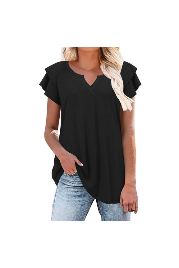 Summer Tops for Women Casual Solid Color V Neck Tee Flutter Sleeve Short Sleeve Top Long Tunics Women Compression Shirt T Shirt with Long Cute Giraffe 5 Tees for Girl Black 2XL