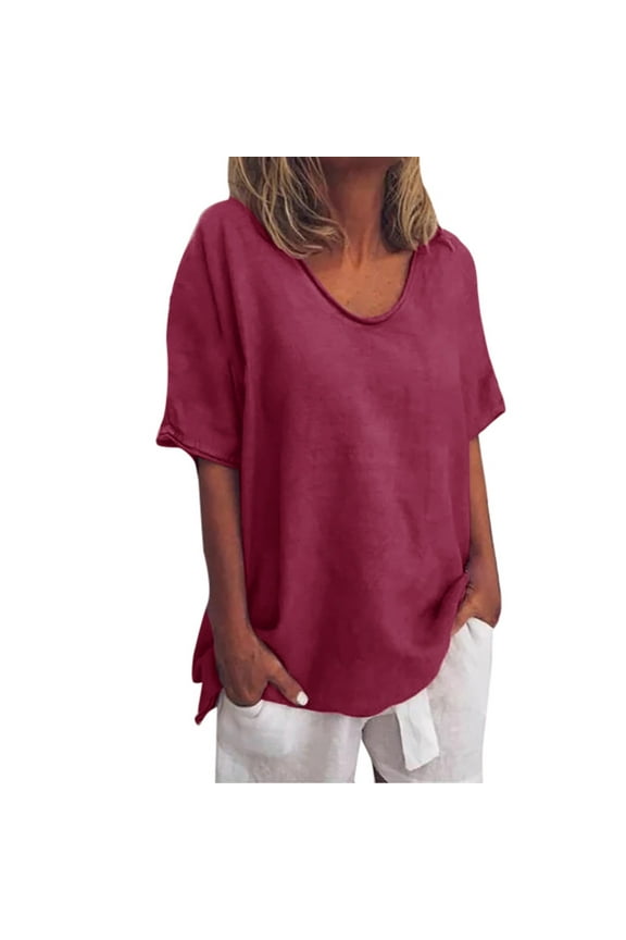 Summer Tops for Women Casual Summer Solid O-Neck Short Sleeves Plus Size Top T-Shirt Blouse Yoga Tees Neck Patch Rayon Tops Extra Large Shirts Out Clothes for Woman Fall Blouse Long 2XL
