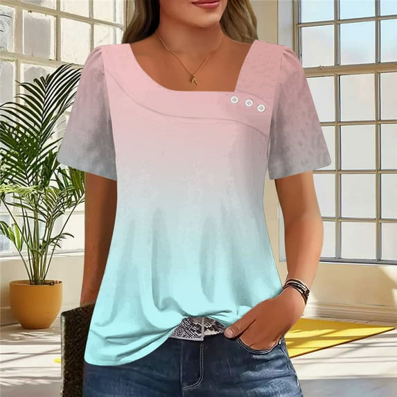 Summer Tops for Women Under 10 Plus Size Tees Short Sleeve V Neck T Shirt Fashion Gradient Printed Summer Tunic Tops Loose Fit Casual Blouses Items Groceries My Account History