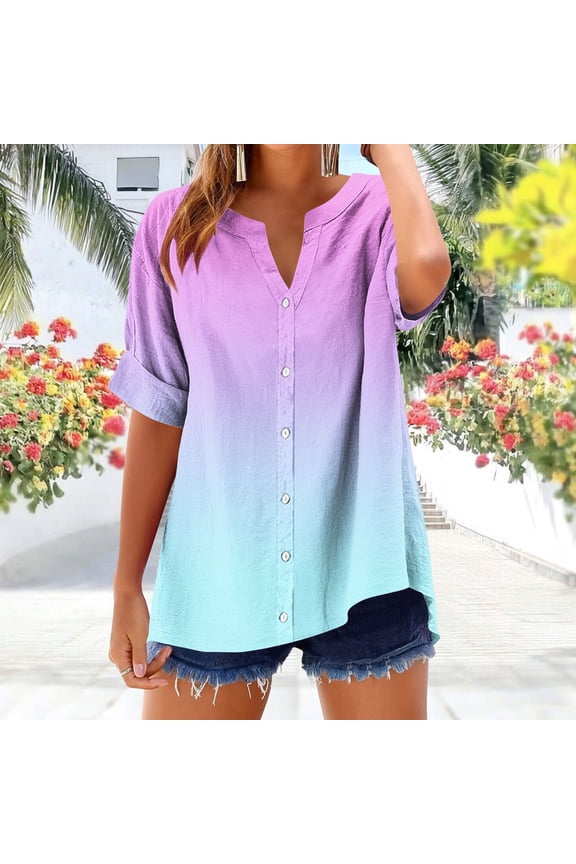 Summer Tops for Women Short Sleeve Button Up Shirt Oversized V Neck T Shirts Plus Size Gradient Lightweight Tee Shirt Casual Tunic Blouses Last