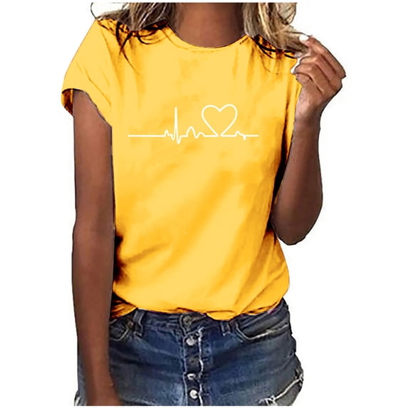 Summer Tops for Women Short Sleeve Plus Size Printing Heart Shape Pattern T-Shirts Round Neck Classic Fitted Tee Fashion Trendy Ladies Holiday Tops Yellow,S
