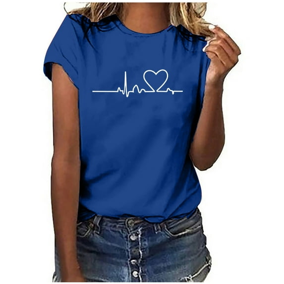 Summer Tops for Women Short Sleeve Plus Size Printing Heart Shape Pattern T-Shirts Round Neck Classic Fitted Tee Fashion Trendy Ladies Holiday Tops Blue,2XL