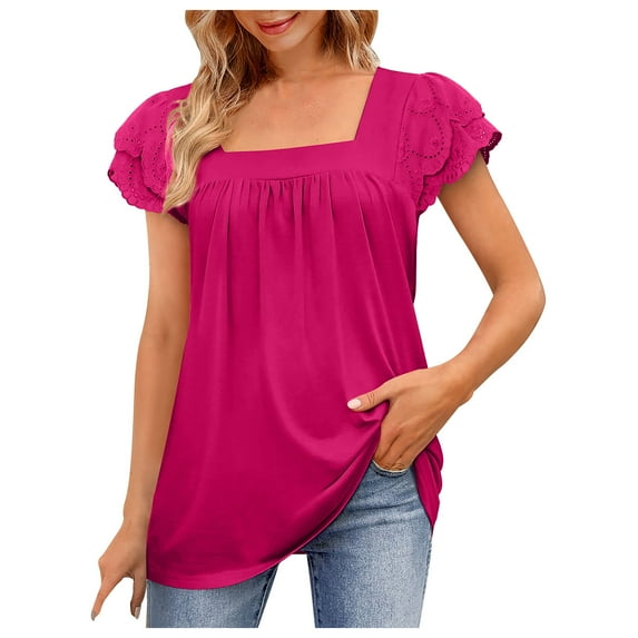 Summer Tops for Women Clearance-Sale Short Sleeve Solid Color Lace T-Shirts Square Neck Basic Fitted Tee Fashion Trendy Ladies Softy Holiday Going Out Tops Hot Pink,2XL