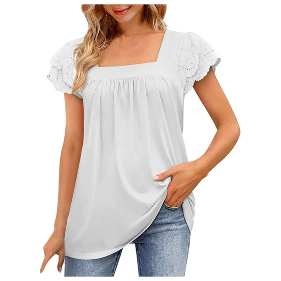 Summer Tops for Women Short Sleeve Solid Color Lace T-Shirts Square Neck Basic Fitted Tee Fashion Trendy Ladies Softy Holiday Going Out Tops White,S