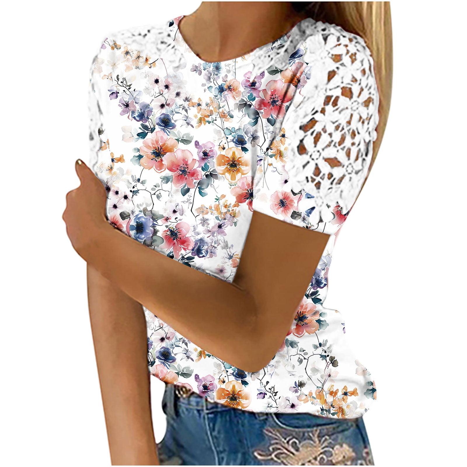 Summer Tops for Women Crewneck Loose Lace Crochet Short Sleeves Blouses Elegant Floral Print Loose Dressy Tee Shirts Top Lightweight Business Office Work T-Shirt