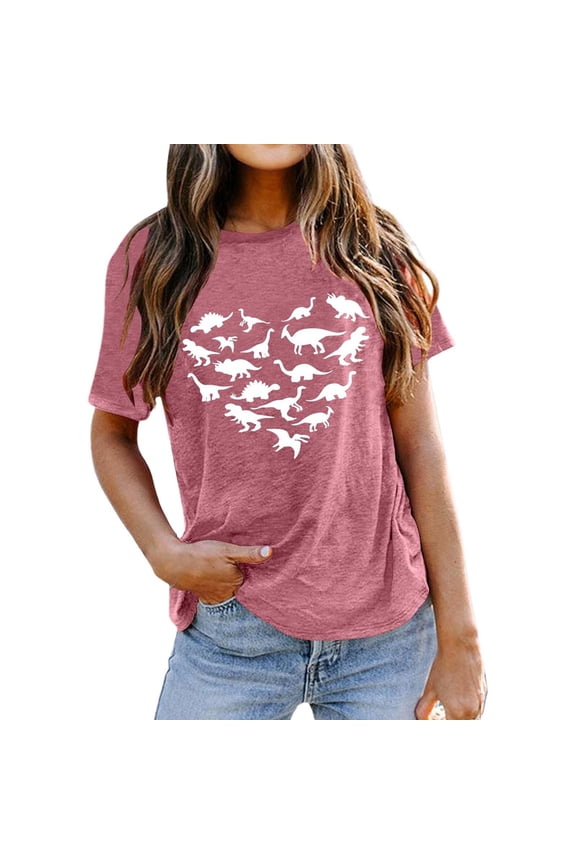 Summer Tops for Women Dinosaur Print Crew Neck Short Sleeve T Shirt Casual Tee Top Print T Shirts Women Tops Dressy Casual Long Sleeve Lady Blouse Long Ladies Clothes plus Size Tech Pink M