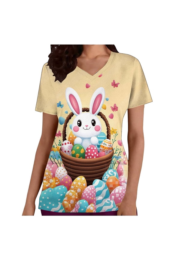 Summer Tops for Women Easter Print Womens T-Shirt Petite Short Sleeve Vintage CasualCrewneck Boho Graphic Tee Shirts Elegant Tunic Tops Going out Blouse Work Office Blouses