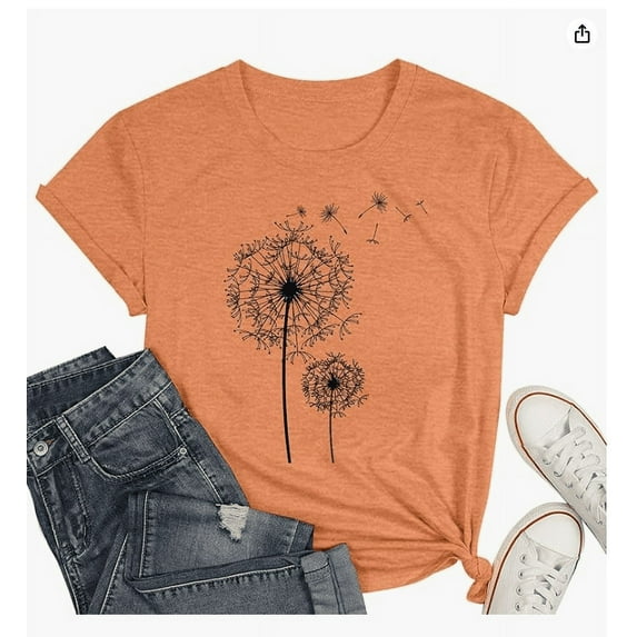 Summer Tops for Women Fashion Casual Dandelion Print Short Sleeve T Shirt Top Short Sleeve Shirt Junior Womens Fitted Long Shirts Womens Lace Tops Blouses Summer Top Teen Loose V Orange S