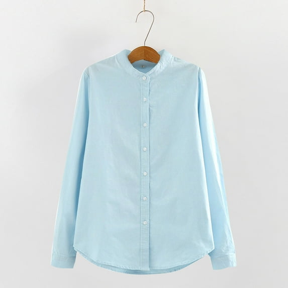 Summer Tops for Women Fashion Long Sleeve Solid Button Korean Shirt Casual Loose Blouse Tunic plus Size Tops for Ladies Top Long Sleeve Stretch Ladies Dressy Swing Short Shirts with Sky Blue 2XL