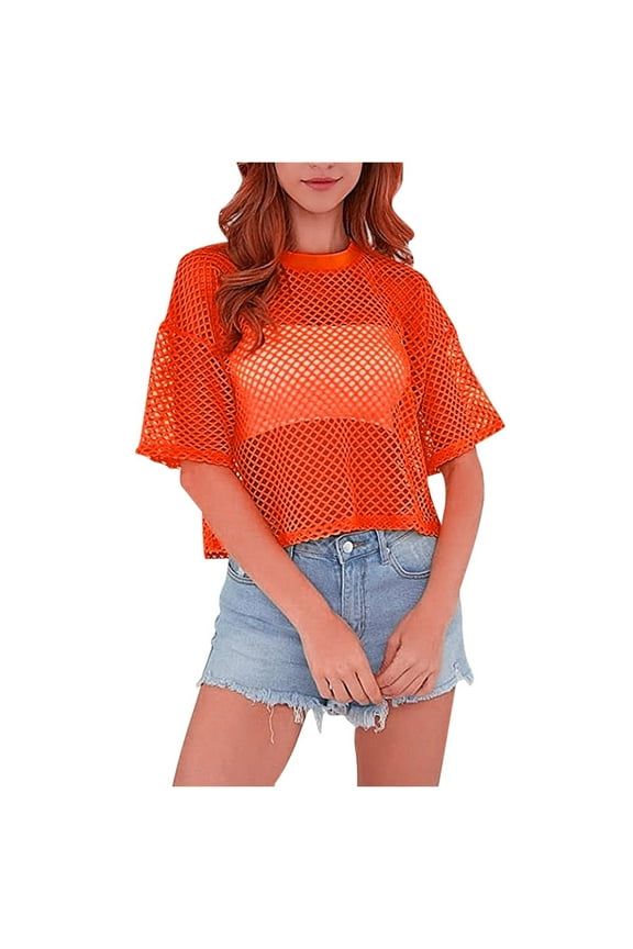 Summer Tops for Women Fashion Sexy Mesh Covering Smock Solid Color Short Sleeved T Shirt Pom Shirts Women Solid T Shirts Shirt Teen Teal Womens Blouse Womens Cute Dress V Neck Red XS