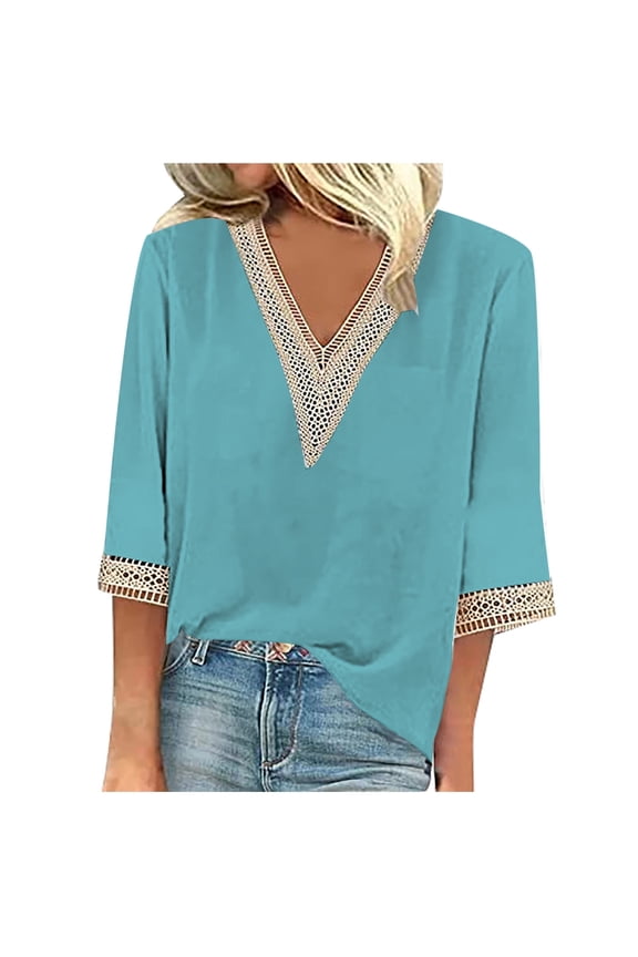 Summer Tops for Women Fashion Spring And Summer Solid Color Knitted Jacquard V Neck Split Sleeve Casual T Shirt Top Thick Button up V Neck Running Exercise Raglan Tunic Women Blue M( 2)