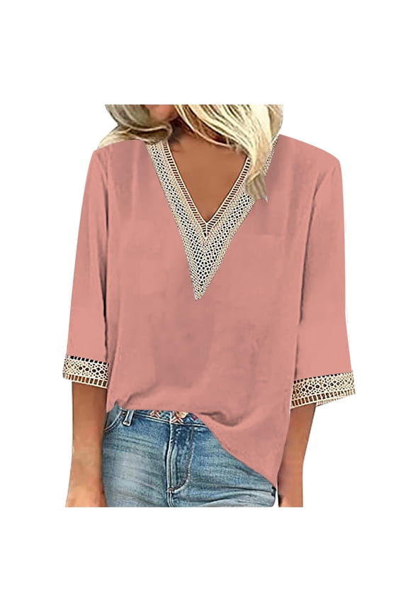 Summer Tops for Women Fashion Spring And Summer Solid Color Knitted Jacquard V Neck Split Sleeve Casual T Shirt Top Thick Button up V Neck Running Exercise Raglan Tunic Women Orange M( 2)