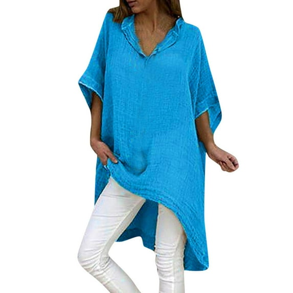 Summer Tops for Women Fashion Summer Casual Loose V-Neck Short Sleeve Solid Tops Blouse Womens Sleep T Shirt Long Sleeve for plus Size Work Out Shirt Long Bodysuit Elegant 5x Tee Blue 3XL