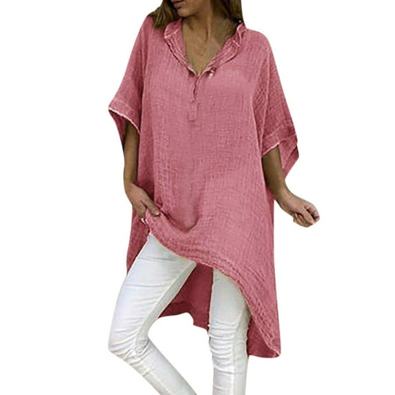 Summer Tops for Women Fashion Summer Casual Loose V-Neck Short Sleeve Solid Tops Blouse Womens Sleep T Shirt Long Sleeve for plus Size Work Out Shirt Long Bodysuit Elegant 5x Tee Pink XL