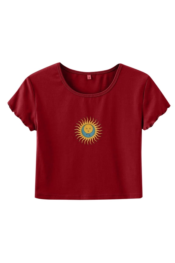 Women Summer Tops Women's Fashion Sun Moon Print Navel T-shirt Short Sleeve Round Neck Top Womens Peach Long Sleeve Top Maternity Short Shirts Shirt Junior Girl Ladies Print Blouses Summer L