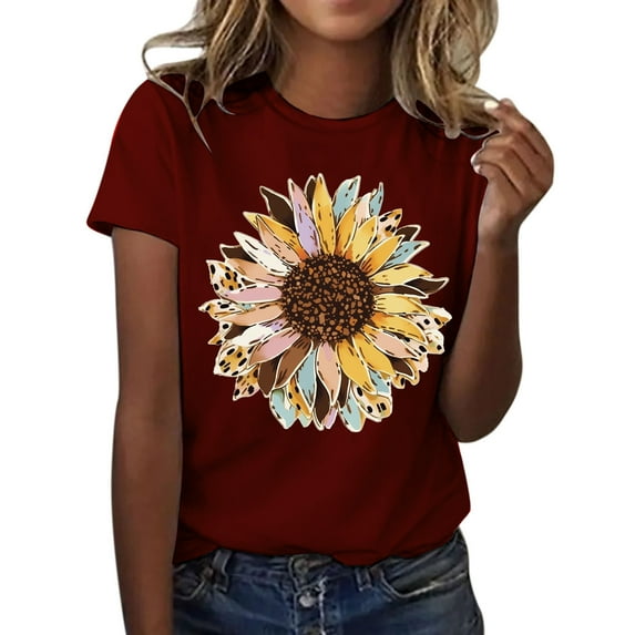 Summer Tops for Women Fashionable Sunflower Printed Round Neck Short Sleeved Sports Casual T Shirt Dressy Blouses for Women Blouses Long Sleeve Dress T Shirt 4x Airy Shirts Pretty M