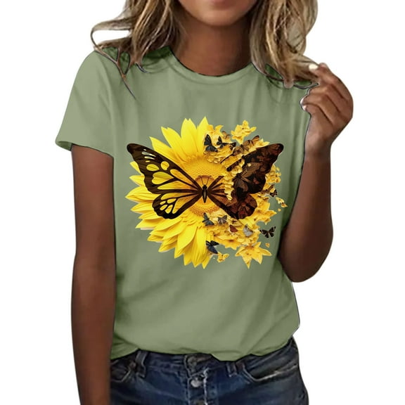 Summer Tops for Women Fashionable Sunflower Printed Short Sleeved Round Neck Sports Casual T Shirt Favorite T Shirt Cold Weather Shirts for Women Tunic Long Blouse Tops Women's Tee Mint Green
