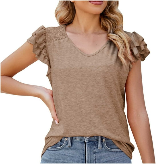 Summer Tops Women Flounce V Neck Solid Color Short Sleeved Summer Ruffles Sleeve T Shirt Top