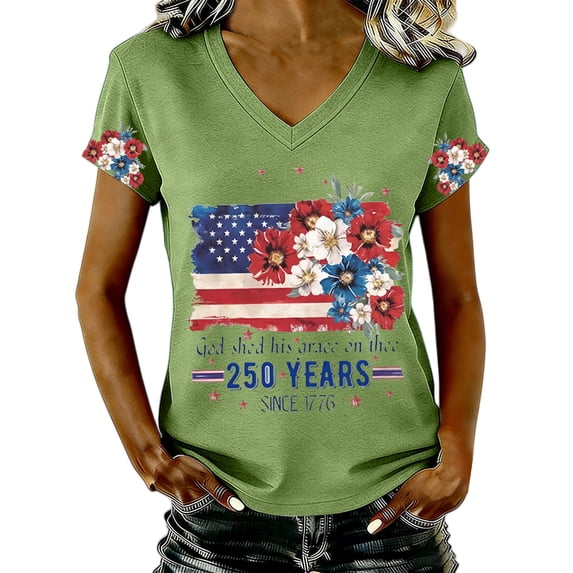 Summer Tops for Women Gsakboxl Women V Neck Patriotic T-Shirt, 4th Of July USA 250th Anniversary American Flag Floral Graphic Print Short Sleeve Casual Holiday Tops Womens Shirts XL