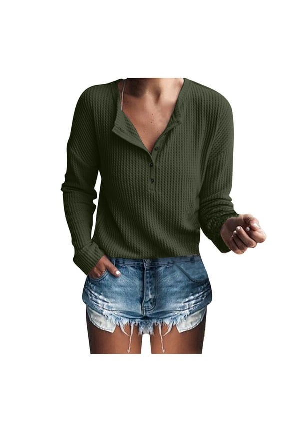 Summer Tops for Women Knit Tunic Tops Loose Long Sleeve Button Up V Neck Shirts Sky Color Womens Bodysuit Womens plus Size Dressy Shirts Women Fashion Active Leisure Wear Warm Long Green XL