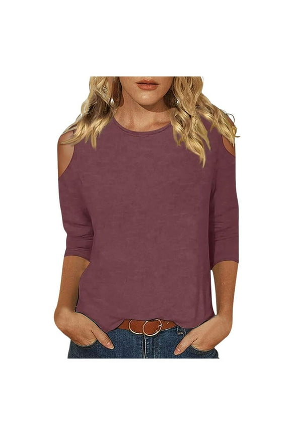 Summer Tops for Women Ladies' Casual Fit V Neck Summer Fashion Off Shoulder Comfortable Quarter Sleeve Top T Shirt T Shirt for Women Dressy Shirts Same Day Items Utility Pocket Blouse Brown XL