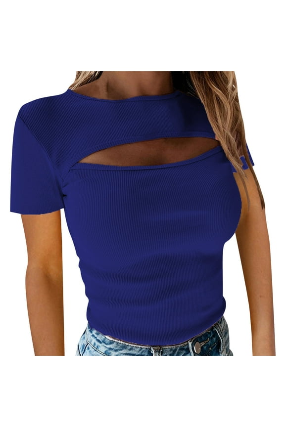 Summer Tops for Women Ladies Short Sleeve Round Neck Top Solid Color Pullover Hollow Out Slim Casual T Shirt Plain Short Sleeve Blouse Swing Top Warm Long Shirt Women Same Day Items Comfy Blue S