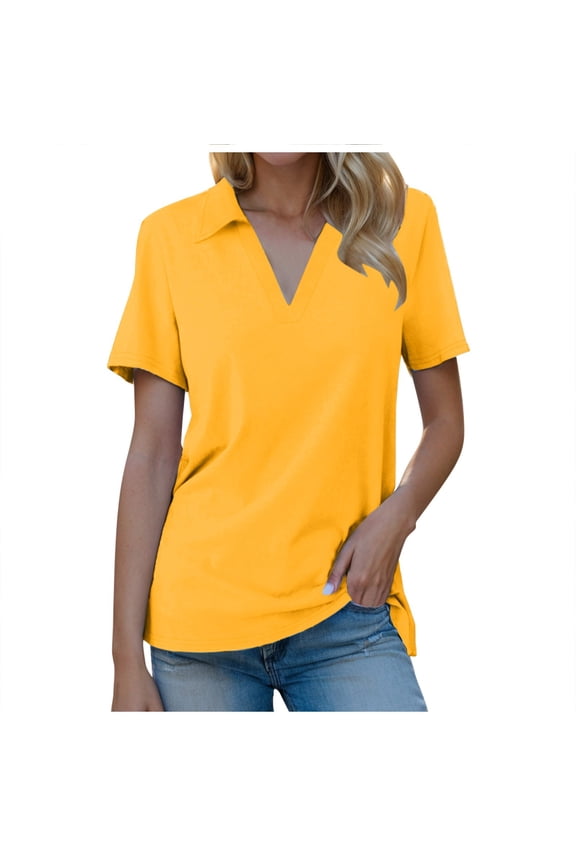 Plus Size Summer Clothes for Women Short Sleeve Shirts V Neck Summer Tops Casual Work Basic Tees Tops Womens Thermal Ladies Ling Sleeve Top Long Shirt Trendy Ware Short Womens Casual Yellow S