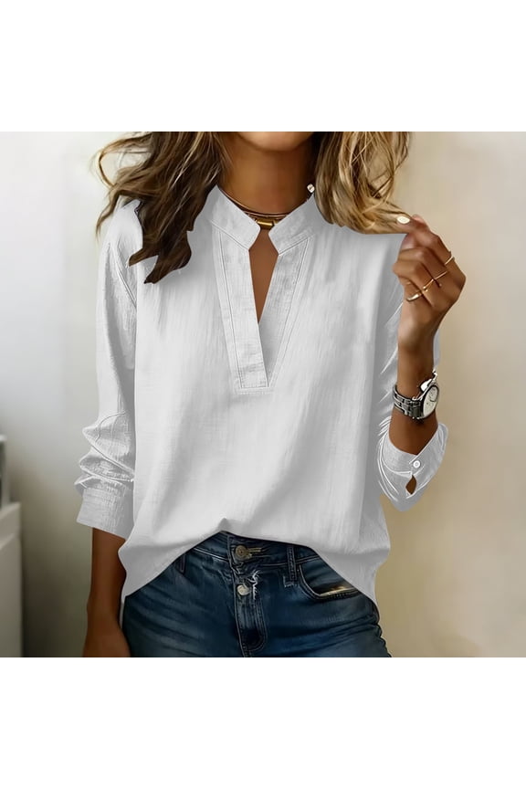 Summer Tops Women, Long Sleeve Notched Collar - Front Solid Color Blouse for Craft Workshops, Boutique Shopping & Library Visits