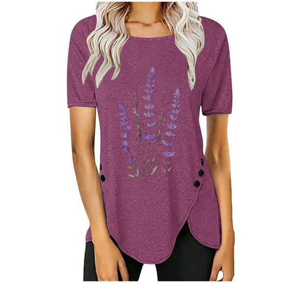 Summer Tops for Women Plus Size Short Sleeve T-Shirts Round Neck Slim Fitted Basic Blouses Stretchy Lightweight Tunic Tops Dressy Casual Bohemian Floral Print Pullover Tops