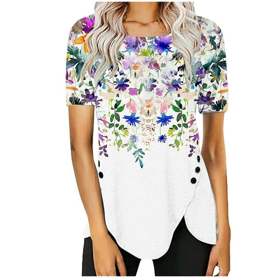 Summer Tops for Women Plus Size Short Sleeve T-Shirts Round Neck Slim Fitted Basic Blouses Stretchy Lightweight Tunic Tops Dressy Casual Bohemian Floral Print Pullover Tops